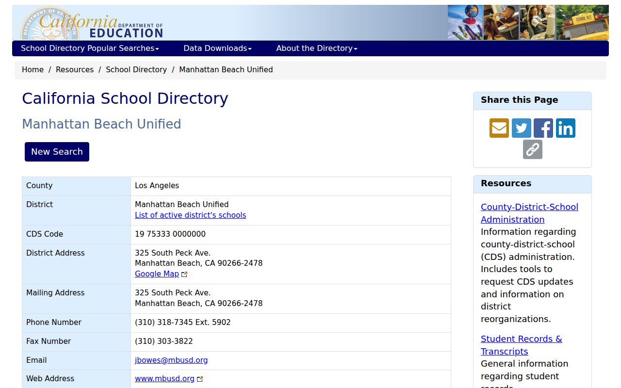 Manhattan Beach people directories entry for the unified school district