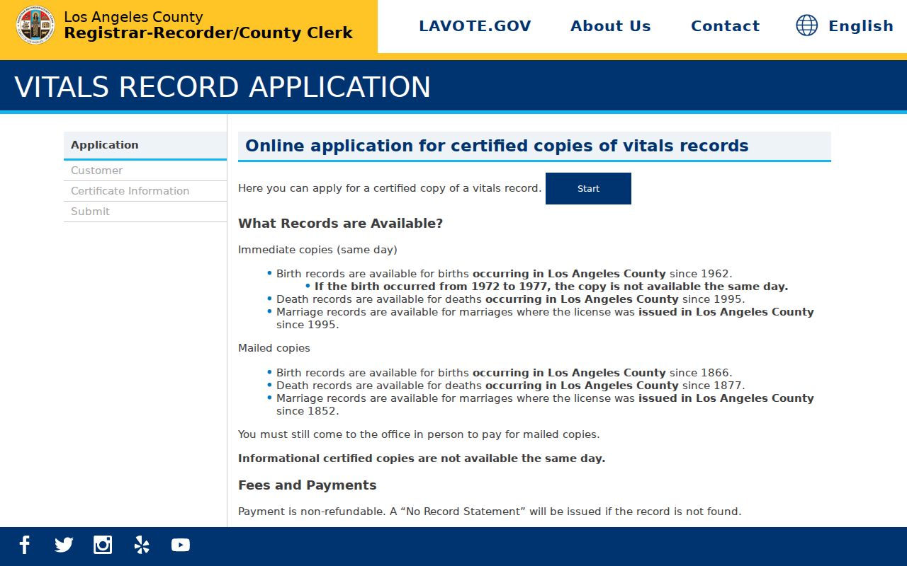 Manhattan Beach public records application for LA County vital records